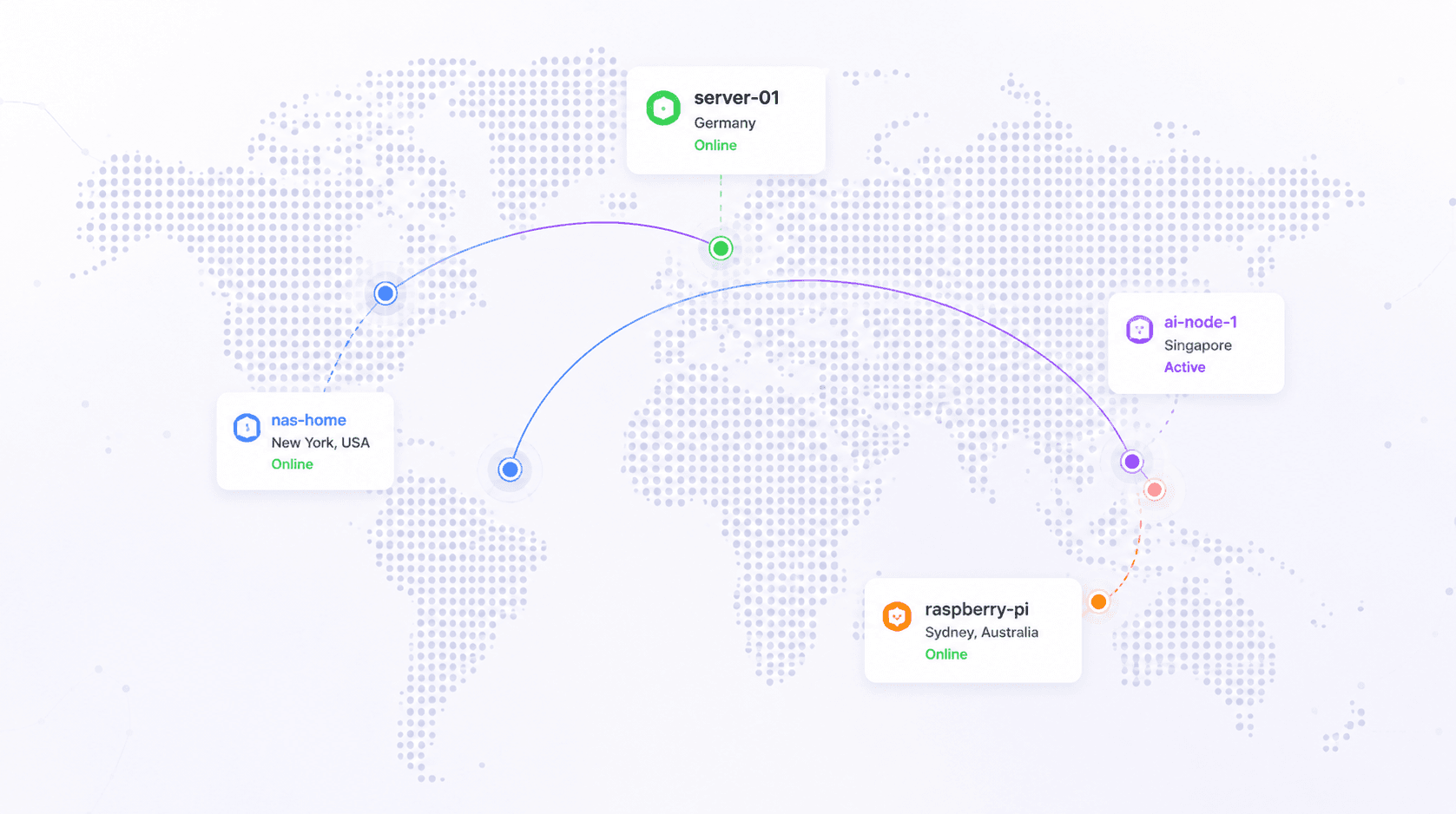 Global network map with connected nodes in Germany, New York, Singapore, and Sydney.